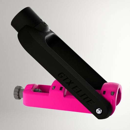 GTX Elite curling delivery head in black and pink, an adjustable adaptive curling aid for wheelchair and upright curlers.