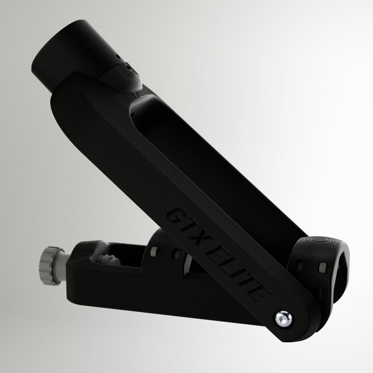GTX Elite curling delivery head in black and black, an adjustable adaptive curling aid for wheelchair and upright curlers.