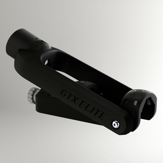 GTX Elite curling delivery head in black and black, an adjustable adaptive curling aid for wheelchair and upright curlers.