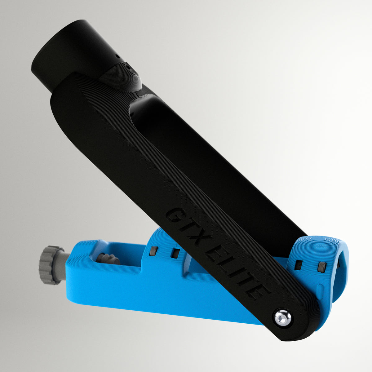 GTX Elite curling delivery head in black and blue, an adjustable adaptive curling aid for wheelchair and upright curlers.