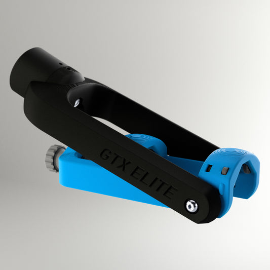 GTX Elite curling delivery head in black and blue, an adjustable adaptive curling aid for wheelchair and upright curlers.