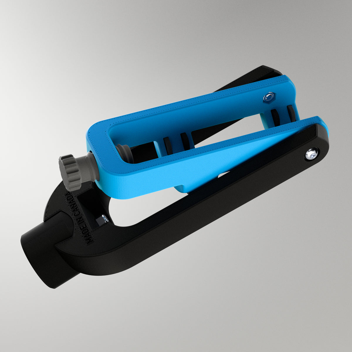 Close-up of the GTX Elite curling head showing the adjustable bumpers and screw mechanism for setting custom turns on the stone.