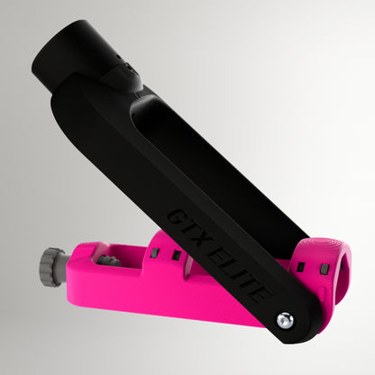 GTX Elite curling delivery head in black and pink, an adjustable adaptive curling aid for wheelchair and upright curlers.