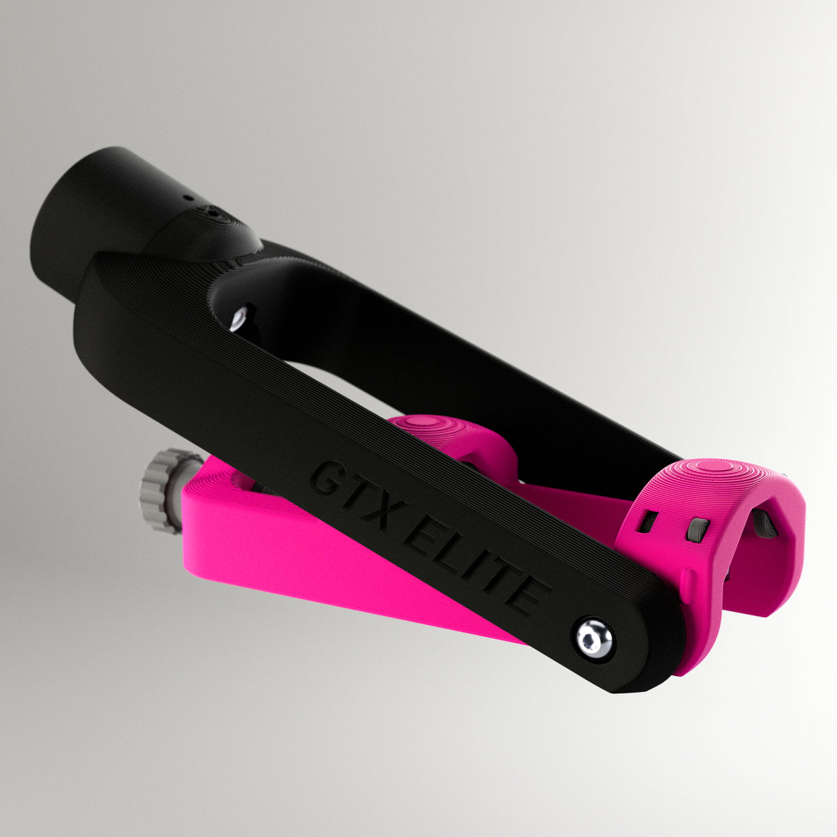 GTX Elite curling delivery head in black and pink, an adjustable adaptive curling aid for wheelchair and upright curlers.