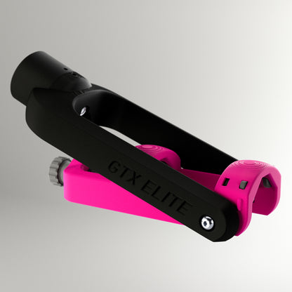 GTX Elite curling delivery head in black and pink, an adjustable adaptive curling aid for wheelchair and upright curlers.