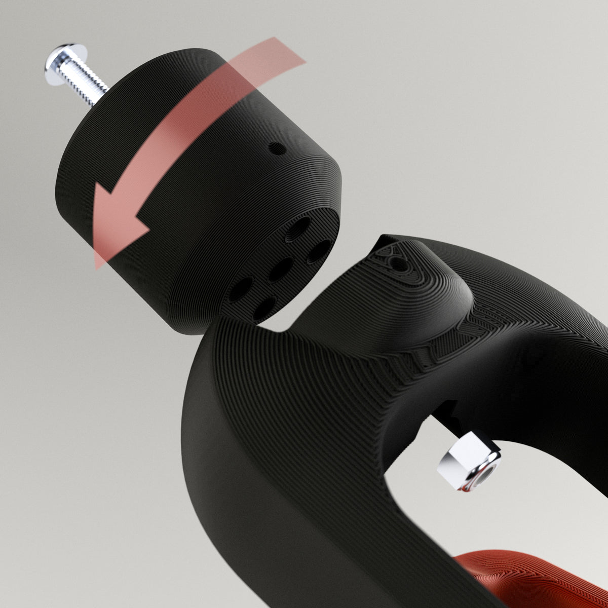 Close-up of the reversible female connector on the GTX Elite curling head, designed to adjust aiming alignment.