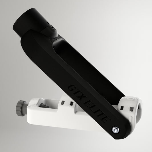 GTX Elite curling delivery head in black and white, an adjustable adaptive curling aid for wheelchair and upright curlers.