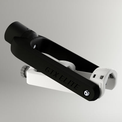GTX Elite curling delivery head in black and white, an adjustable adaptive curling aid for wheelchair and upright curlers.