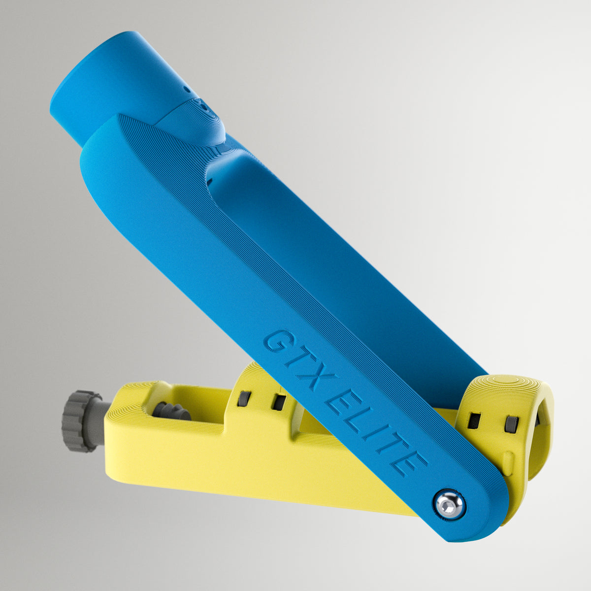 GTX Elite curling delivery head in blue and yellow, an adjustable adaptive curling aid for wheelchair and upright curlers.