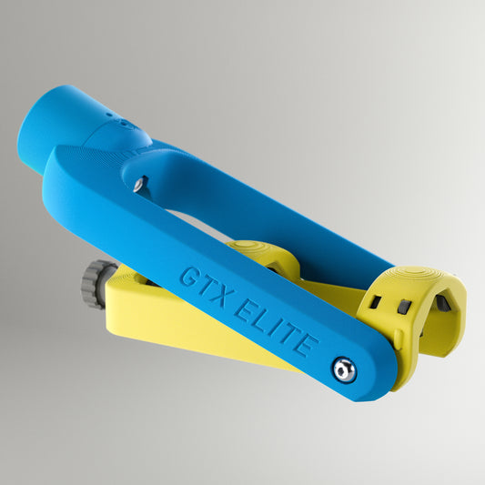 GTX Elite curling delivery head in blue and yellow, an adjustable adaptive curling aid for wheelchair and upright curlers.