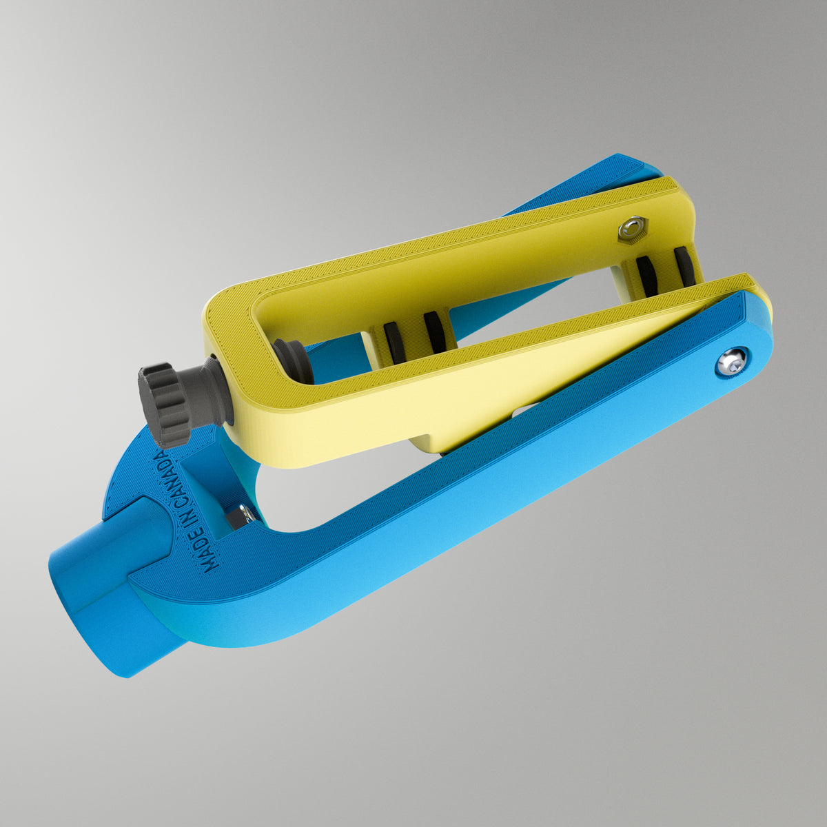 Close-up of the GTX Elite curling head showing the adjustable bumpers and screw mechanism for setting custom turns on the stone.