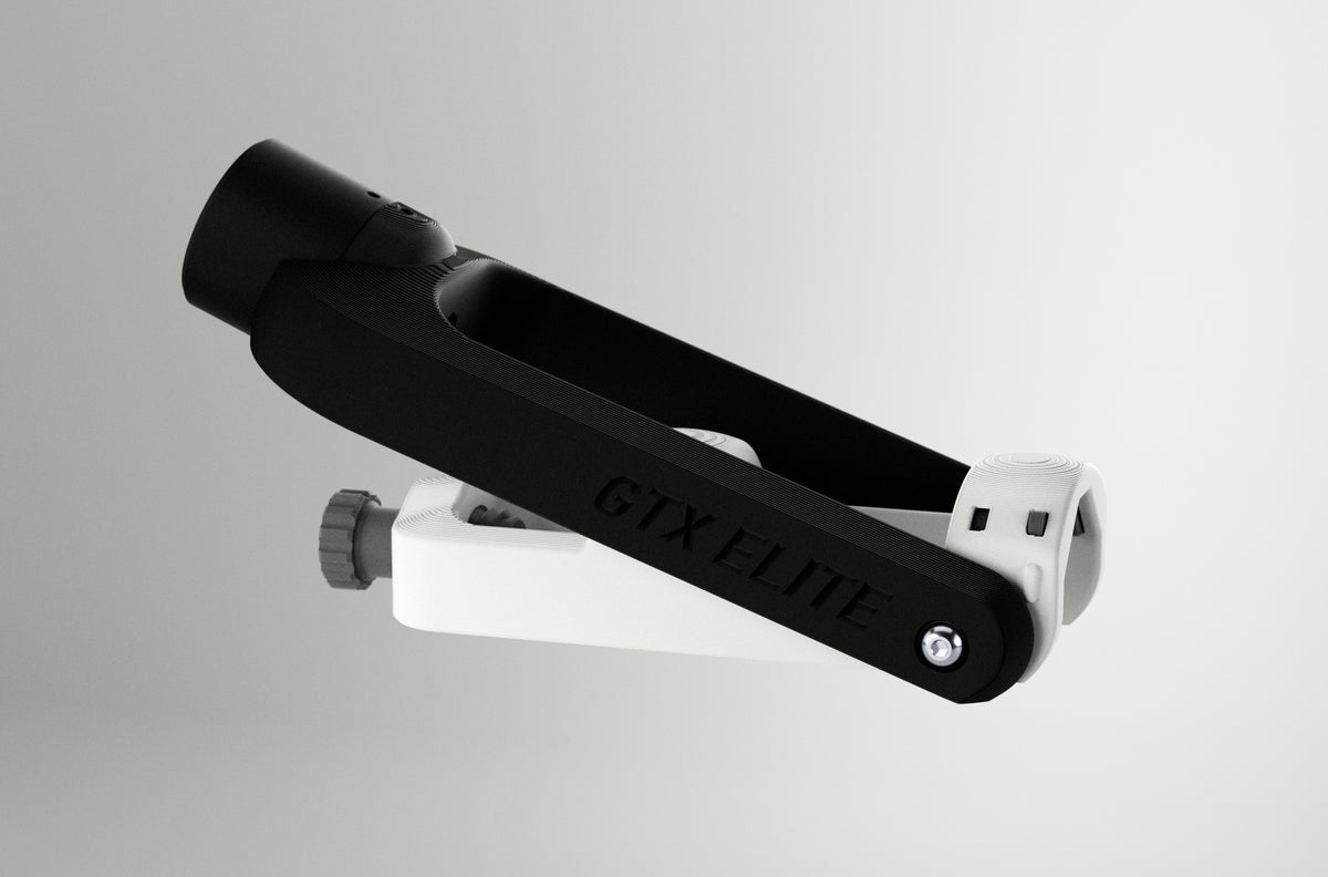 GTX Elite curling delivery head in black and white, an adjustable adaptive curling aid for wheelchair and upright curlers.