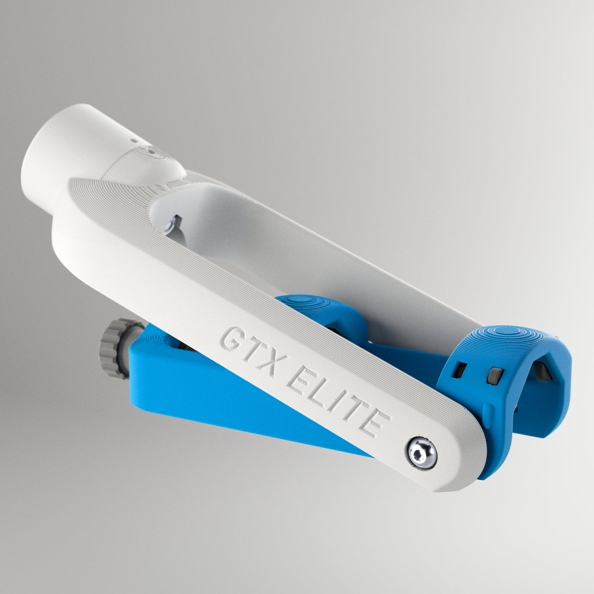 GTX Elite curling delivery head in white and blue, an adjustable adaptive curling aid for wheelchair and upright curlers.