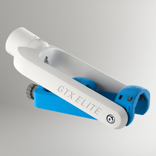 GTX Elite curling delivery head in white and blue, an adjustable adaptive curling aid for wheelchair and upright curlers.