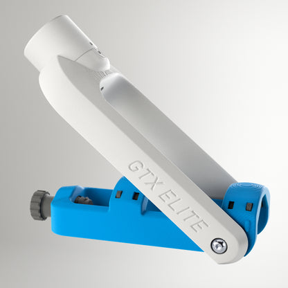 GTX Elite curling delivery head in white and blue, an adjustable adaptive curling aid for wheelchair and upright curlers.