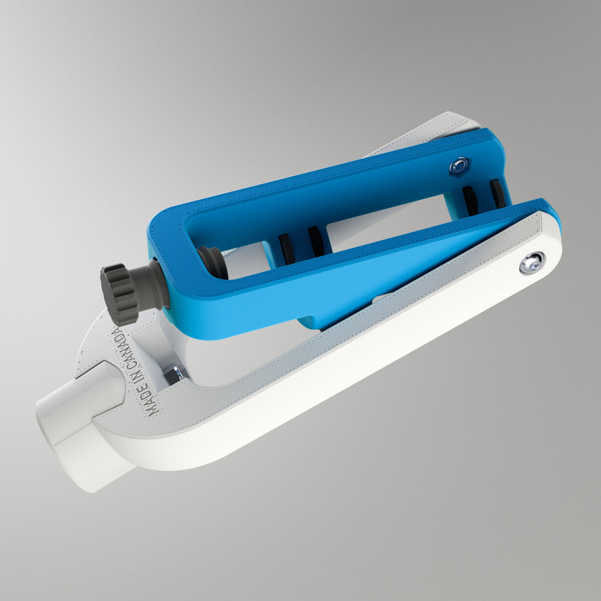 Close-up of the GTX Elite curling head showing the adjustable bumpers and screw mechanism for setting custom turns on the stone.