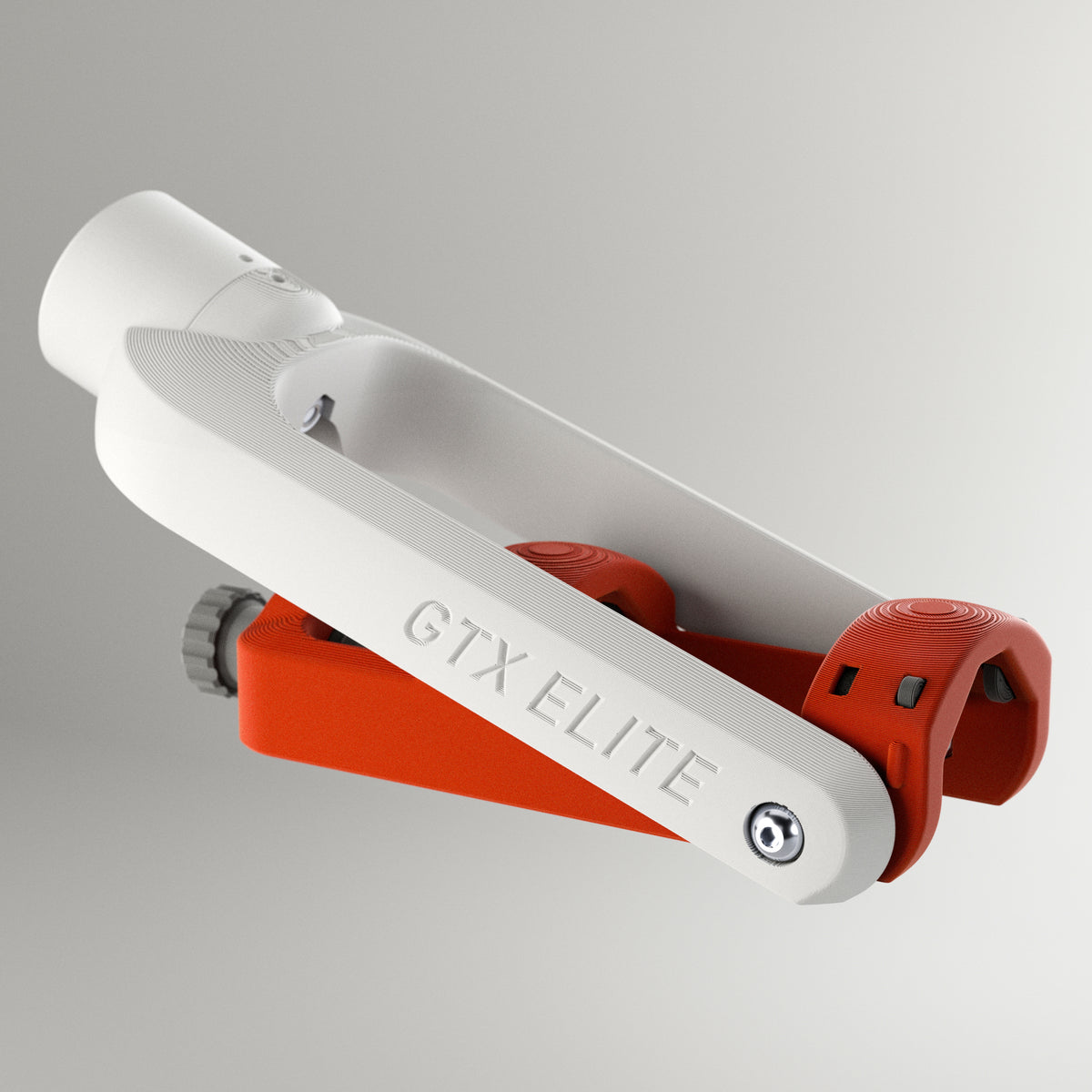 GTX Elite curling delivery head in white and red, an adjustable adaptive curling aid for wheelchair and upright curlers.
