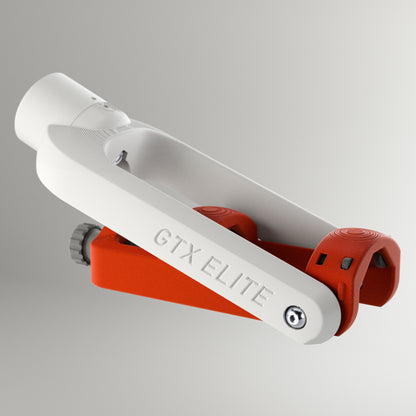 GTX Elite curling delivery head in white and red, an adjustable adaptive curling aid for wheelchair and upright curlers.