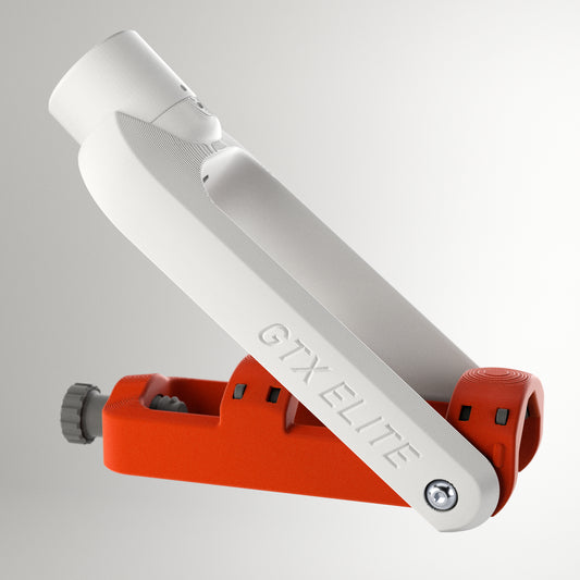 GTX Elite curling delivery head in white and red, an adjustable adaptive curling aid for wheelchair and upright curlers.